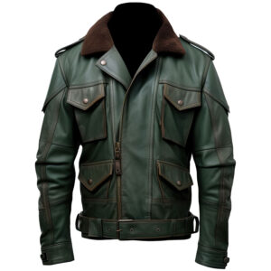 Men’s Forest Green Sheepskin Soft Rib Knit Sleek Belted Fashionable Leather Jacket