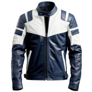 Men’s Navy Blue White Stand Collar Stylish Slim-fit Leather Jacket