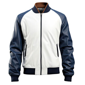 Men’s Navy Blue White Baseball Collar Soft Stylish Bomber Leather Jacket