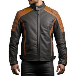 Men’s Brown Black Stand Collar Biker Outfit Cafe Racer Leather Jacket