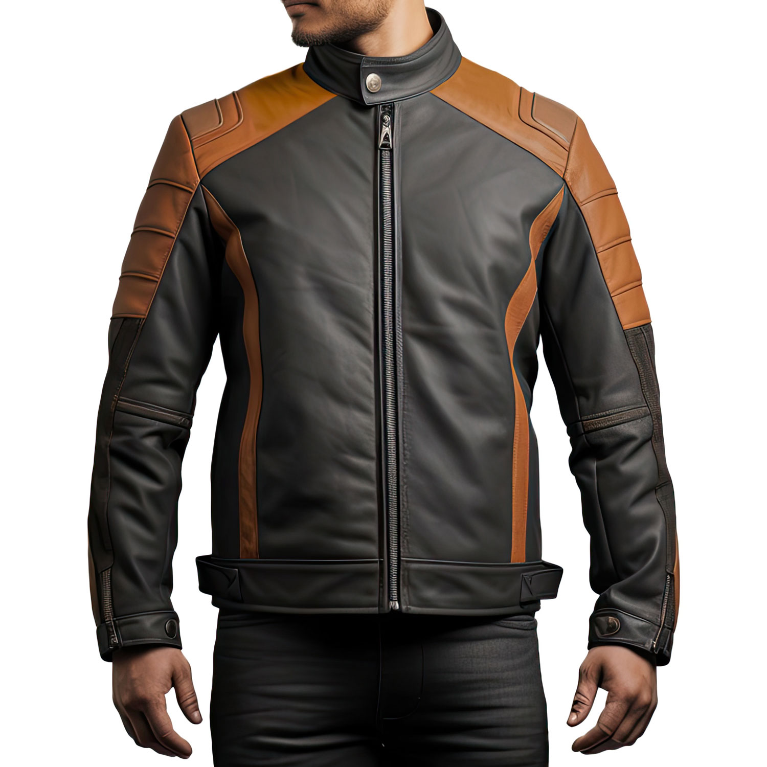 Men’s Brown Black Stand Collar Biker Outfit Cafe Racer Leather Jacket