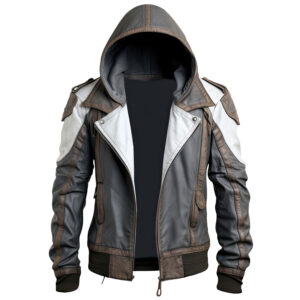 Men’s Charcoal Grey White Sleek Rib Knitted Bomber Hooded Classic Retro Leather Jacket