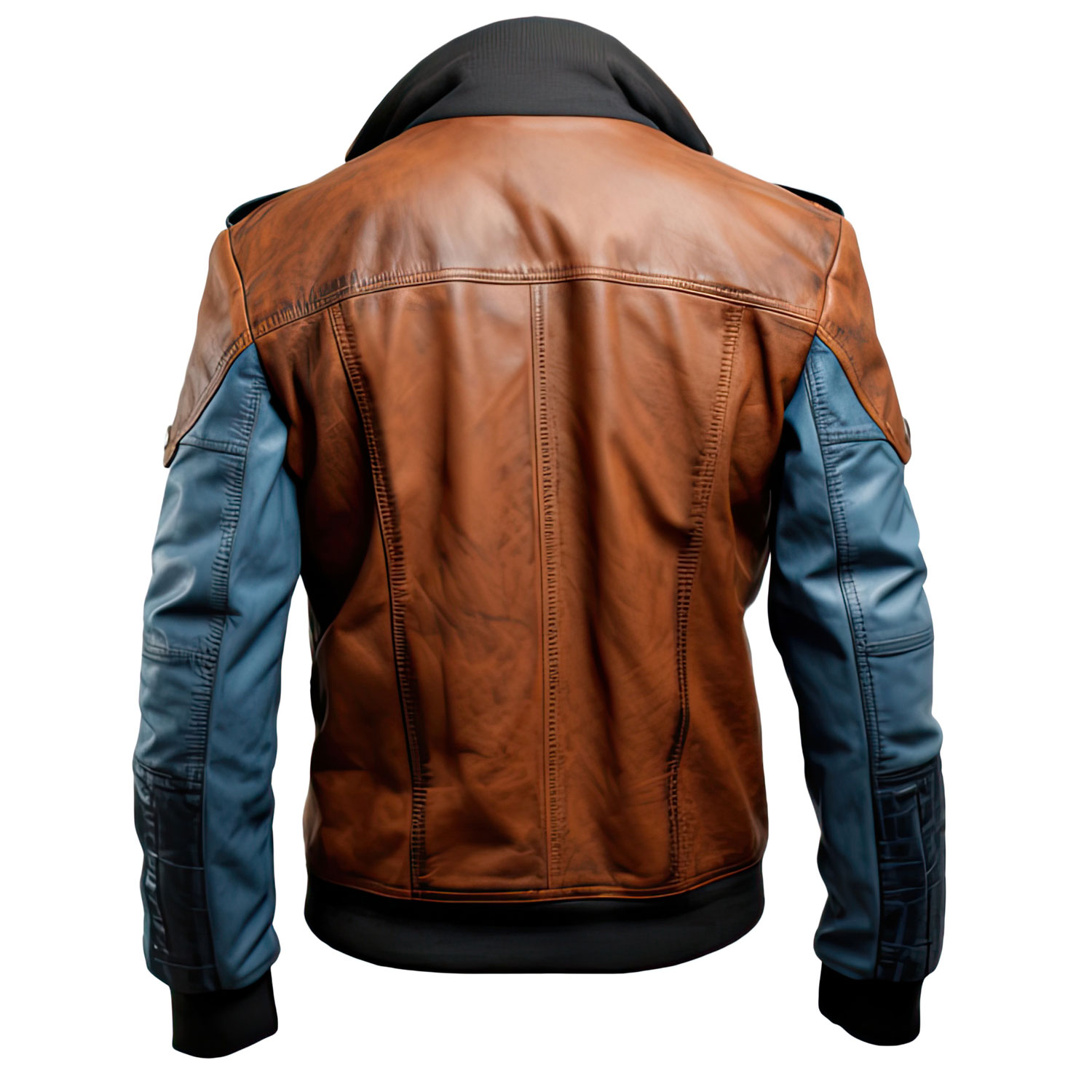 Men’s Blue Distressed Brown Vintage Rib Knit Shirt Collar Leather Jacket - Image 2