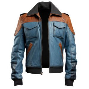 Men’s Blue Distressed Brown Vintage Rib Knit Shirt Collar Leather Jacket