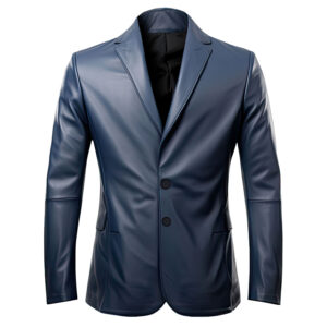 Men’s Navy Blue Notch Lapel Collar Office Wear Lightweight Leather Blazer