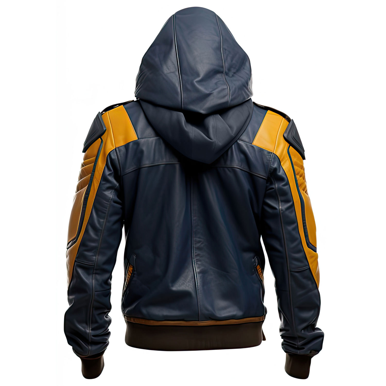 Men’s Blue Mustard Hooded Outfit Classy Winter Warm Moto Racer Leather Jacket - Image 2