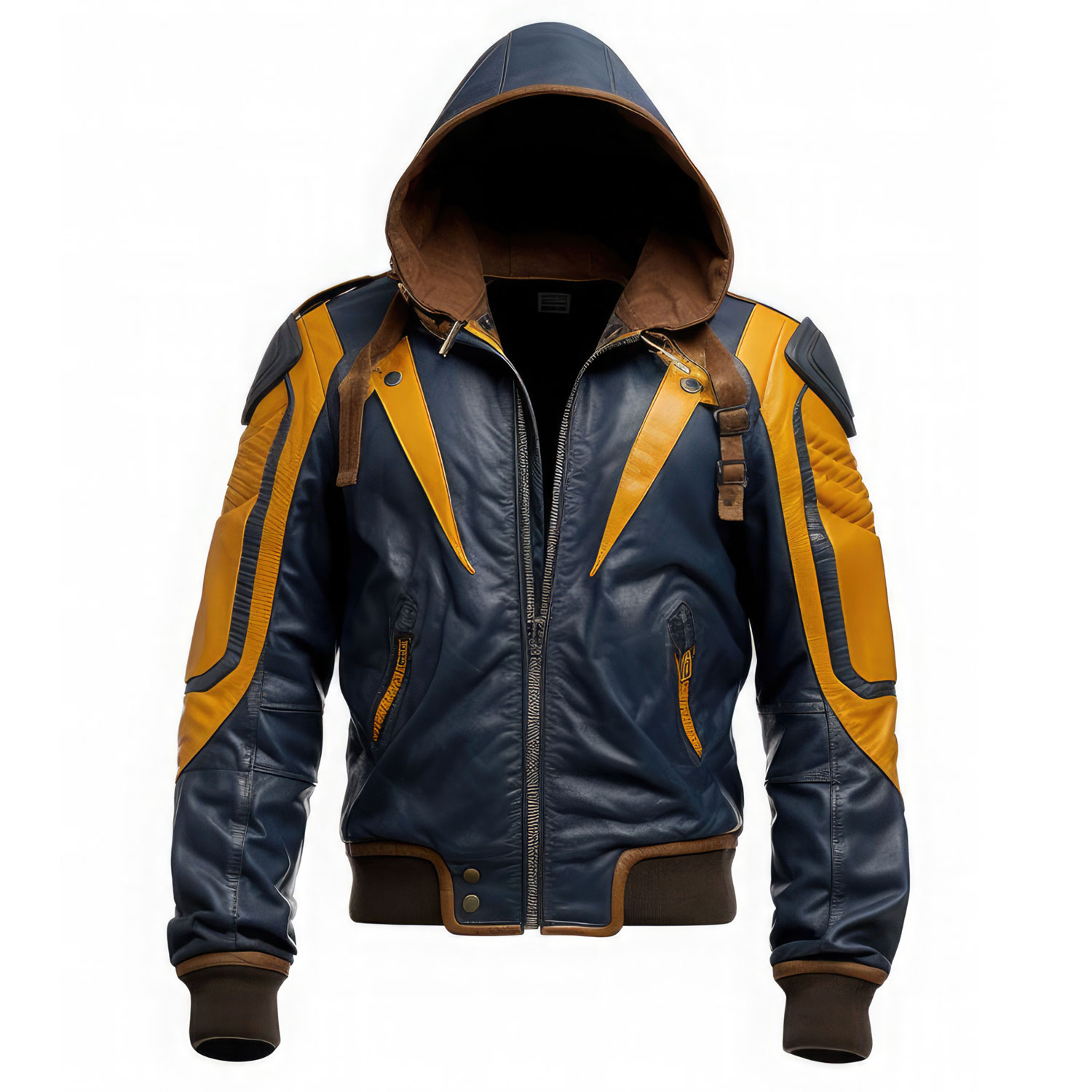 Men’s Blue Mustard Hooded Outfit Classy Winter Warm Moto Racer Leather Jacket