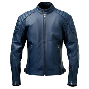 Men’s Navy Blue Stand Collar Elegant Soft Leather Jacket