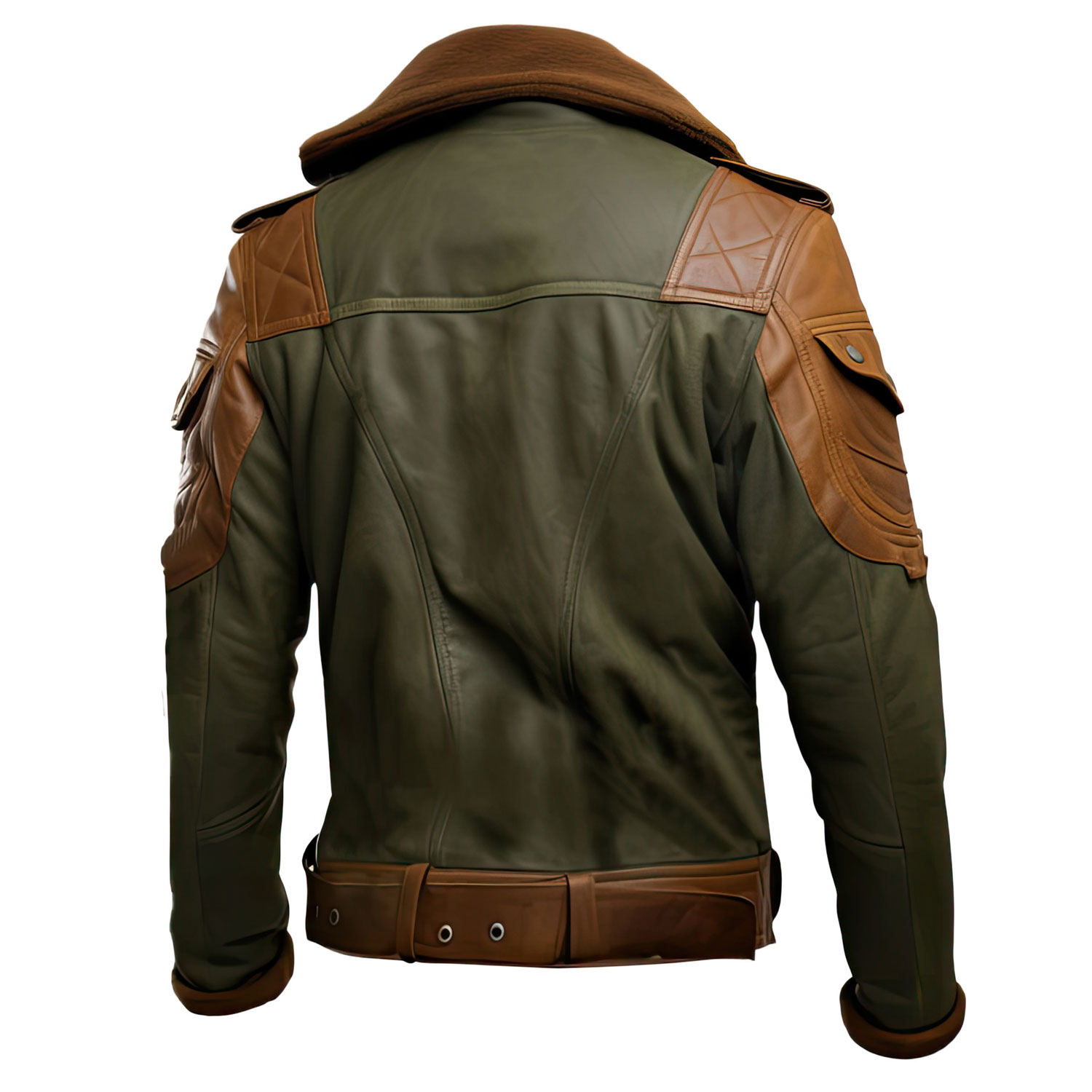 Men’s Brown Olive Green Sherpa Shearling Faux Fur Collar Soft Belted Leather Jacket - Image 2