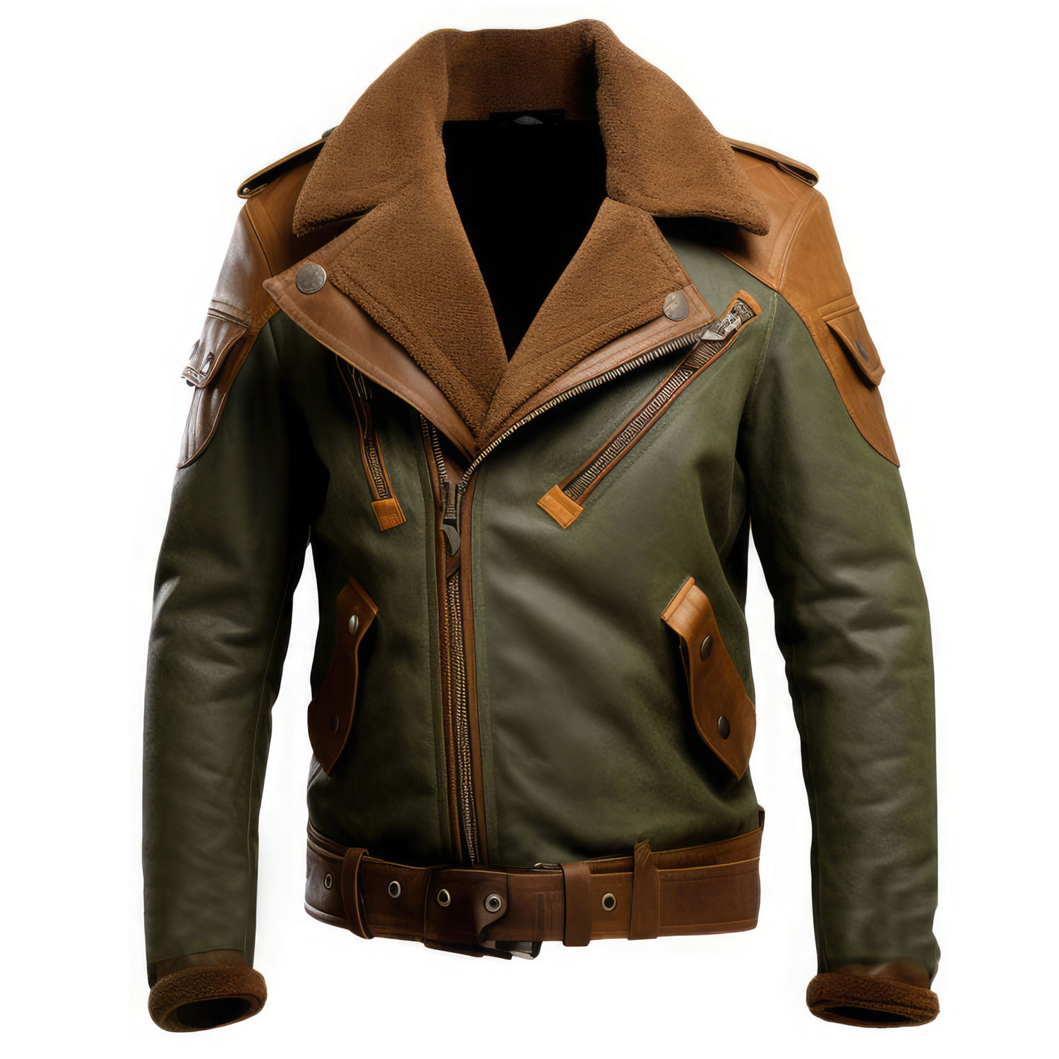 Men’s Brown Olive Green Sherpa Shearling Faux Fur Collar Soft Belted Leather Jacket