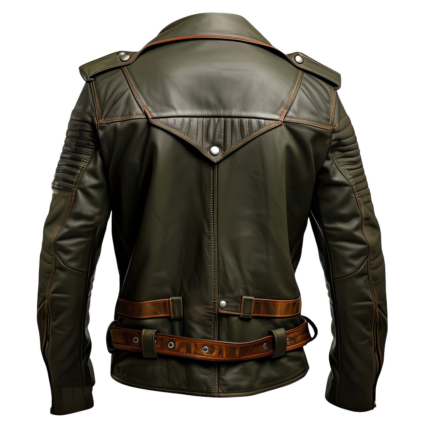 Men’s Army Green Notch Lapel Collar Crossover Leather Jacket - Image 2