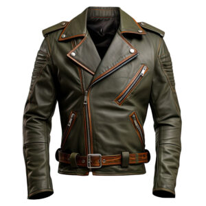 Men’s Army Green Notch Lapel Collar Crossover Leather Jacket