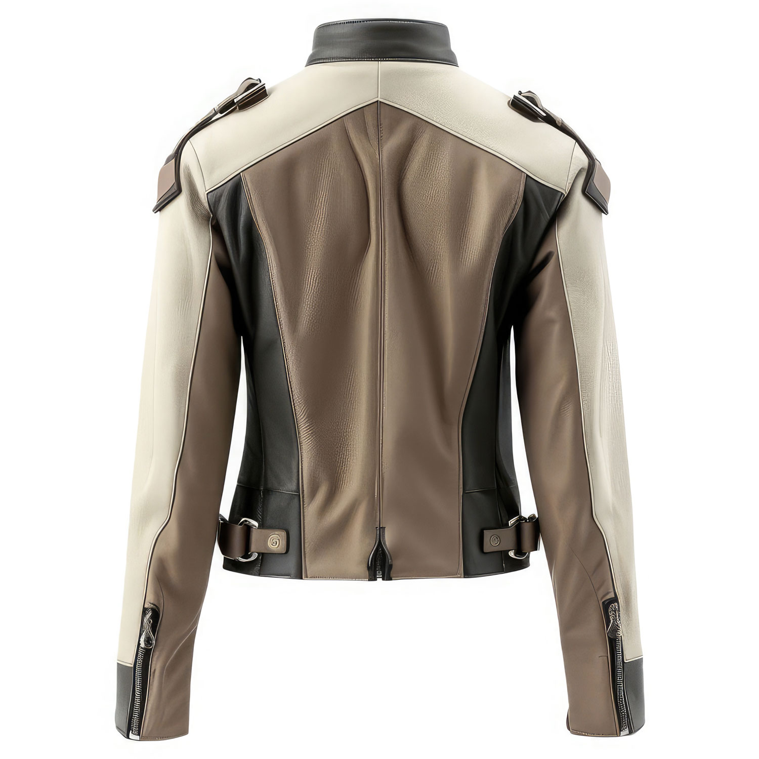 Women’s Cream Black Genuine Sheepskin Zip-up Slim-fit Racing Outerwear - Image 2