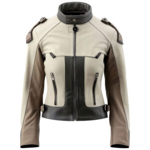 Women’s Cream Black Genuine Sheepskin Zip-up Slim-fit Racing Outerwear
