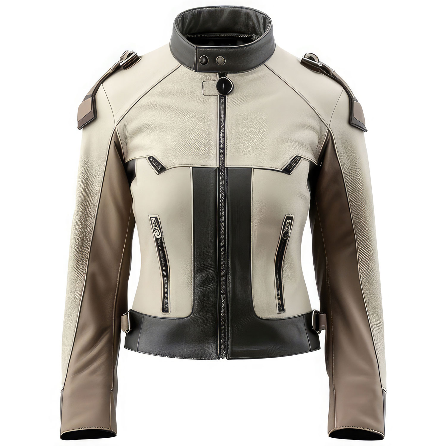 Women’s Cream Black Genuine Sheepskin Zip-up Slim-fit Racing Outerwear