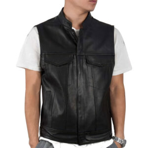 Men’s Black Biker Stand Collar Vest Sleeveless Racer Leather Waistcoat