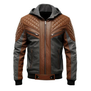 Men’s Charcoal Grey Brown Biker Hooded Bomber Leather Jacket