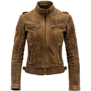 Women’s Brown Genuine Suede Biker Stand Collar Leather Jacket