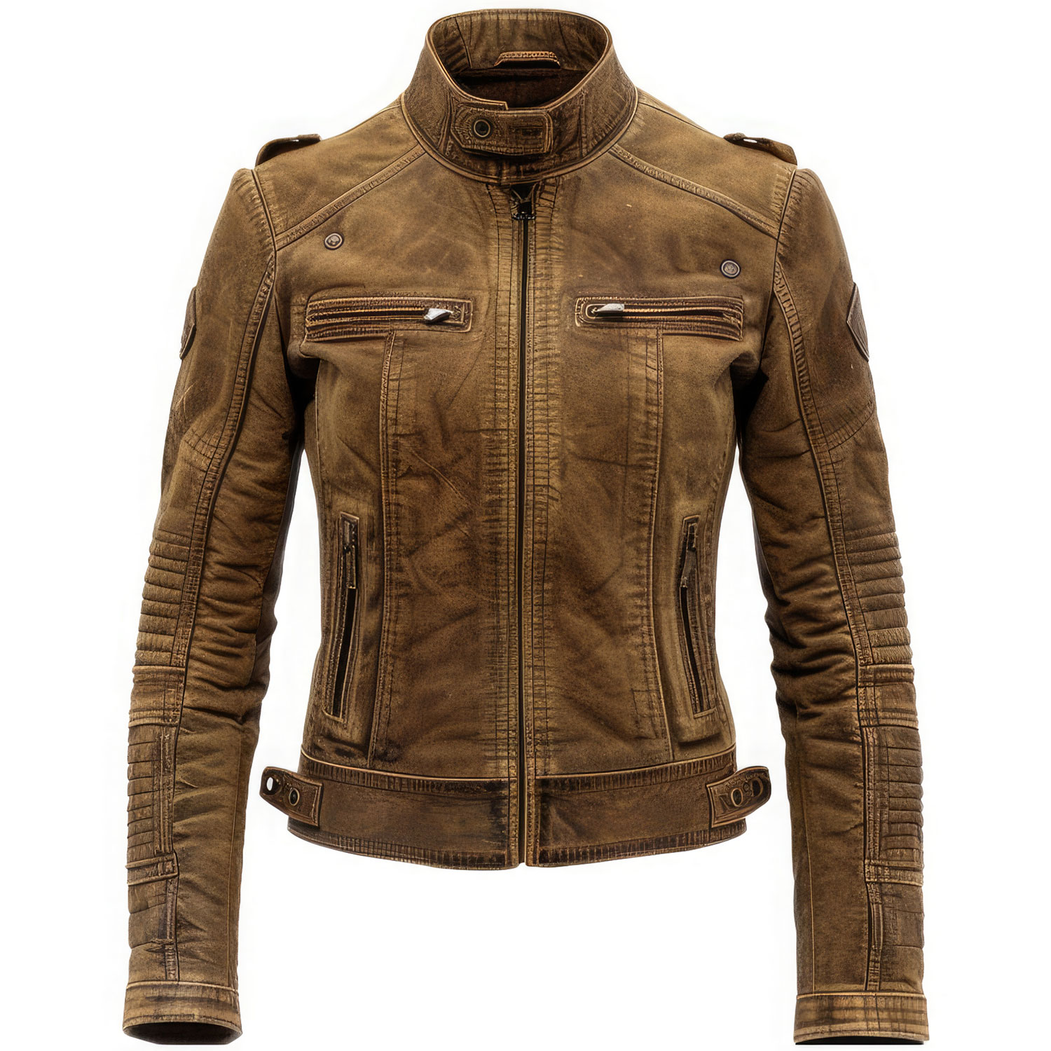 Women’s Brown Genuine Suede Biker Stand Collar Leather Jacket
